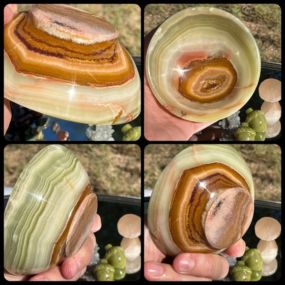 Banded Green Onyx Bowl, Selenite Mushrooms, Grape Agate, Ocean Jasper Chips - Picture 14 of 16